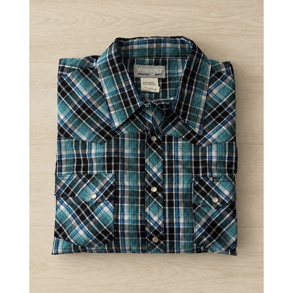 Wrangler Wrancher Western Shirt Men's 2XT Tall Blue Plaid Pearl Snap Long Sleeve